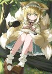  1girl animal_ear_fluff animal_ears arknights basket black_cat blurry casual cat commentary_request dappled_sunlight depth_of_field extra_ears forest fox_ears fox_girl fox_tail green_eyes hair_between_eyes hair_down hairband highres holding holding_basket kitsune kyuubi light_brown_hair long_hair long_sleeves looking_at_viewer mary_janes melerdon multiple_tails nature official_alternate_costume outdoors parted_lips picnic_basket shoes sidelocks sitting socks sunlight suzuran_(arknights) suzuran_(spring_praise)_(arknights) tail tree white_socks wood 