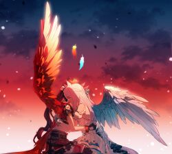  2girls absurdres animal_ears belt black_gloves blue_sky braid closed_eyes clothing_cutout clouds commentary_request crying falling_petals feathered_wings feathers feng_juzhu_de_jiedao fingerless_gloves gloves hair_ornament hair_scrunchie hat highres horse_ears horse_girl horse_tail hug jacket long_hair mejiro_mcqueen_(end_of_the_skies)_(umamusume) mejiro_mcqueen_(umamusume) mini_hat mini_top_hat multiple_girls official_alternate_costume orange_sky petals ponytail purple_hair red_jacket red_wings scrunchie shoulder_cutout sitting sky tail tokai_teio_(beyond_the_horizon)_(umamusume) tokai_teio_(umamusume) top_hat umamusume white_gloves white_hat white_jacket white_wings wings 