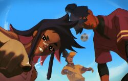  1girl 2boys absurdres ball bandaid bandaid_on_face bandaid_on_nose black_hair blonde_hair buck_teeth cal_(electro_andes) electro_andes highres kiwi_(electro_andes) multicolored_hair multiple_boys nile pietro_(electro_andes) shirt soccer_ball teeth two-tone_hair 