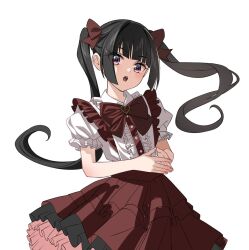  1girl :o alternate_costume black_hair blunt_bangs blunt_ends bow bowtie casual center_frills collar collared_shirt commentary_request cowboy_shot dress floating_hair frilled_collar frilled_dress frilled_shirt_collar frilled_sleeves frills layered_sleeves long_hair looking_at_viewer nyanmaru open_mouth petite pink_eyes red_bow red_bowtie red_dress senki_zesshou_symphogear shirt shirt_tucked_in short_sleeves simple_background solo steepled_fingers tsukuyomi_shirabe twintails white_background white_shirt 