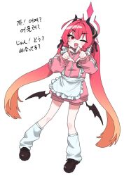  1girl ahoge apron black_horns black_ribbon blue_archive blush brown_shoes commentary curled_horns dakbosal demon_girl demon_horns demon_wings double-parted_bangs fang four-finger_heart_hands frilled_apron frills full_body gradient_hair hair_intakes hair_ribbon halo heart heart_hands horns jacket jersey_maid junko_(blue_archive) korean_text leg_warmers long_hair long_sleeves low_wings maid maid_apron maid_headdress multicolored_hair one_eye_closed open_mouth orange_hair pink_shorts pink_track_suit pointy_ears red_eyes red_hair red_halo ribbon shoes shorts simple_background skin_fang socks standing track_jacket track_suit translation_request turtleneck turtleneck_jacket twintails two-tone_hair unconventional_maid waist_apron white_apron white_background wings zipper zipper_pull_tab 