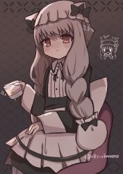  1girl absurdres apron artist_name black_bow blonde_hair bow braid commentary_request cup drinking_glass hat highres holding holding_cup long_hair magical_girl mahou_shoujo_ikusei_keikaku mahou_shoujo_ikusei_keikaku_restart maid nokko-chan red_eyes rocks_glass sitting twin_braids v8y_vkaname 