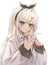  1girl absurdres artist_name black_hairband blonde_hair blush bow_hairband collared_shirt commentary english_commentary green_eyes hair_ornament hairband hands_up highres long_hair long_sleeves looking_at_viewer original shirt sidelocks simple_background solo sowon_(sowonhae) upper_body white_background white_shirt x_hair_ornament 