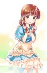  1girl blue_dress blush brown_eyes brown_hair dress feet_out_of_frame frilled_dress frills holding holding_hair idolmaster idolmaster_cinderella_girls kawaseki long_hair looking_at_viewer low_twintails ogata_chieri parted_lips sitting sketch smile solo twintails two-tone_dress white_dress 