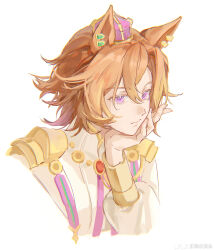  1girl absurdres animal_ears armor chinese_commentary closed_mouth commentary_request cropped_shoulders crown ear_ornament expressionless hair_between_eyes haishui_xi_tou highres horse_ears horse_girl long_sleeves mini_crown orange_hair pauldrons short_hair shoulder_armor simple_background solo t.m._opera_o_(o_sole_suo!)_(umamusume) t.m._opera_o_(umamusume) umamusume violet_eyes white_background 