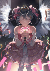  1girl absurdres bare_shoulders birthday black_hair blurry blurry_background blurry_foreground bow chromatic_aberration closed_eyes closed_mouth commentary_request confetti corset cowboy_shot detached_sleeves dress earrings feathered_wings gold_tiara hair_bow hair_ornament hairclip happy_birthday heart heart_hair_ornament highres holding holding_microphone inazuma_(elect_line) jewelry love_live! love_live!_school_idol_project microphone necklace pink_bow pink_dress see-through_clothes see-through_sleeves sleeveless sleeveless_dress smile socks solo tiara twintails white_socks wings x_hair_ornament yazawa_nico yazawa_nico_(smiley_angel) 
