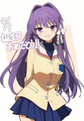  1girl :d arms_behind_back blue_shirt blue_skirt blush breast_pocket buttons clannad commentary cowboy_shot dated emblem fujibayashi_kyou grin hair_between_eyes hair_intakes happy happy_birthday highres hikarizaka_private_high_school_uniform jacket k4lmy long_hair long_sleeves looking_at_viewer miniskirt pleated_skirt pocket purple_hair ribbon sailor_collar school_uniform serafuku shirt sidelocks simple_background skirt smile solo straight_hair tail_raised turtleneck turtleneck_shirt very_long_hair violet_eyes white_background white_ribbon white_sailor_collar yellow_jacket 