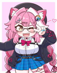  1girl animal_ears animal_print black_cardigan breasts button_gap cardigan chest_harness chibi commentary_request cross-laced_clothes cross-laced_sleeves glasses harness highres hololive hololive_english leopard_print leopard_print_panties long_hair multicolored_hair one_eye_closed panther_ears panther_girl panther_tail panties pink_hair pink_tail print_panties raora_panthera raora_panthera_(casual) shirt tail tsuyoshi_(normal811) underwear virtual_youtuber 
