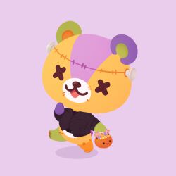  :3 animal_crossing animal_crossing:_new_horizons bear bear_boy black_coat candy coat colorful food frankenstein's_monster_costume halloween halloween_costume holding holding_candy holding_food leg_up no_humans object_through_head purple_background screw_in_head simple_background stitched_face stitches stitches_(animal_crossing) talicedraws x_x 