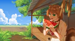  2026 3girls absurdres airani_iofifteen airani_iofifteen_(1st_costume) animal_ears artist_name ayunda_risu ayunda_risu_(1st_costume) background_request blonde_hair blue_sky blush brown_hair clouds coffee colored_inner_hair commentary dated english_commentary fiyaa_(pakkoshii) food fruit glass green_eyes highres holding holding_food hololive hololive_indonesia long_hair lower_teeth_only making-of_available moona_hoshinova moona_hoshinova_(1st_costume) multicolored_hair multiple_girls no_jacket open_mouth pink_hair purple_hair rice_paddy sky sleeveless solo_focus squirrel_ears squirrel_tail tail teeth twitter_username upper_body virtual_youtuber watermelon watermelon_slice 
