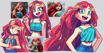  1girl blue_eyes chelsea_(ruby_gillman) grey_background hands_on_own_hips highres hornx3_jk long_hair midriff multiple_views open_mouth redhead reference_inset ruby_gillman:_teenage_kraken simple_background smile tank_top very_long_hair 