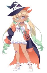  1girl absurdres aqua_bow aqua_eyes aqua_hair bag bandaid bandaid_on_knee bandaid_on_leg black_choker black_hat black_jacket blonde_hair blush bow breasts choker closed_mouth colinarmis commentary commission dark-skinned_female dark_skin dress earrings english_commentary fang frilled_dress frills full_body glasses gradient_hair hair_bow hat heterochromia highres indie_virtual_youtuber jack-o'-lantern jacket jacket_partially_removed jewelry koumourin_rurika long_hair mole mole_on_breast mole_on_thigh multicolored_hair orange_bag orange_jacket pointy_ears rimless_eyewear see-through_clothes see-through_socks shoes simple_background skin_fang smile socks solo standing tanlines transparent_background twintails very_long_hair violet_eyes white_dress white_shoes witch_hat 