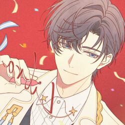  1boy artem_wing_(tears_of_themis) blue_eyes brown_hair closed_mouth collared_shirt dress_shirt hair_between_eyes highres holding holding_pen jacket jiukuzi18797 male_focus pen red_background shirt smile solo tears_of_themis upper_body white_jacket white_shirt 