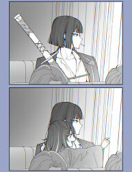  2girls araya_(project_moon) blunt_bangs coat coat_on_shoulders commentary_request e.g.o_(project_moon) expressionless greyscale highres holding holding_sword holding_weapon japanese_clothes kimono limbus_company long_hair looking_to_the_side maki_maki_(makimakipoipoi) monochrome mother_and_child mother_and_daughter multicolored_hair multiple_girls open_collar parent_and_child pointing project_moon renketsuen_(e.g.o) ryoshu_(project_moon) shirt short_hair sitting sitting_on_lap sitting_on_person smile smoking streaked_hair sword weapon 