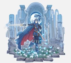  1girl animal black_boots black_pants blue_cape blue_eyes blue_gloves blue_hair blue_jacket blue_sky boots bug butterfly cape closed_mouth commentary fire_emblem fire_emblem_heroes flower fold-over_boots full_moon gloves grey_background holding holding_sheath holding_sword holding_weapon jacket lucina_(fire_emblem) moon night outstretched_arm pants pillar qs2435 sheath sky smile solo standing sword unsheathed weapon white_flower 