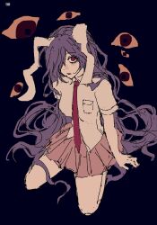  1girl animal_ears arm_behind_back bags_under_eyes blue_background breast_pocket breasts collared_shirt commentary constricted_pupils disembodied_eye dot_nose dubiansuhai english_commentary from_above full_body hair_over_one_eye highres long_hair looking_at_viewer medium_breasts miniskirt necktie parted_lips pink_skirt pleated_skirt pocket purple_hair rabbit_ears rabbit_girl red_eyes red_necktie reisen_udongein_inaba shirt short_sleeves simple_background sitting skirt solo touhou very_long_hair wariza white_shirt 
