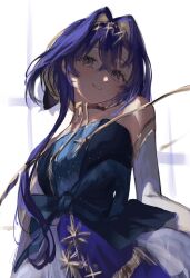  1girl bare_shoulders blonde_hair blue_hair bow breasts choker colored_inner_hair commentary_request dress gold_trim hair_between_eyes hair_intakes highres ir0_0616 long_hair multicolored_hair reverse:1999 sleeveless sleeveless_dress smile solo star_(symbol) violet_eyes voyager_(reverse:1999) white_background 