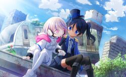  2girls artist_request black_boots black_choker black_gloves black_hair black_hat black_jacket black_shorts black_thighhighs blazer blue_bow blue_bowtie blue_cape blue_eyes blue_gem blue_sky bodysuit boots bow bowtie building buttons cape choker closed_mouth clouds collared_jacket collared_shirt colored_inner_hair commentary contrast_lapels crossed_ankles dangle_earrings detached_hood dot_nose epaulettes eye_contact feet_out_of_frame fingerless_gloves fingernails frilled_shirt_collar frills game_asset gem gloves hair_between_eyes happy hat hat_bow headphones headset high-waist_shorts highres holding_hands hood hood_down hooded_jacket interlocked_fingers jacket knee_boots lace-up_boots lapels layered_sleeves light_blush light_rays light_smile lilly_candy long_sleeves looking_at_another magical_girl mahou_shoujo_madoka_magica mahou_shoujo_madoka_magica_magia_exedra medium_hair mini_hat mini_top_hat multicolored_hair multiple_girls nagiboshi_sorana notched_lapels official_art open_clothes open_jacket pink_eyes pink_hair pink_hood puffy_long_sleeves puffy_sleeves ringed_eyes ruins shirt short_hair shorts side_cape side_ponytail sky streaked_hair studded_choker studs sun sunlight tan tareme thigh-highs third-party_source top_hat train tree wavy_hair white_bodysuit white_boots white_gloves white_jacket white_shirt zipper 