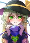  1girl black_headwear blouse blush bow bright_pupils buttons closed_mouth diamond_button eyeball frilled_shirt_collar frilled_sleeves frills green_eyes hair_between_eyes hands_up hashtag hat hat_bow hat_ribbon heart heart-shaped_pupils highres holding_eyeball kinese_(katasutorohu) koishi_day komeiji_koishi light_green_hair long_sleeves looking_at_viewer medium_hair ribbon shirt smile solo symbol-shaped_pupils third_eye touhou upper_body wavy_hair wide_sleeves yellow_bow yellow_ribbon yellow_shirt 