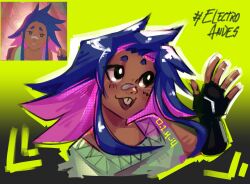  1girl artist_name bandaid bandaid_on_face bandaid_on_nose black_gloves blue_hair buck_teeth electro_andes fingerless_gloves gloves hashtag highres kiwi_(electro_andes) multicolored_hair pink_hair shirooh signature teeth two-tone_hair 