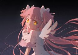  1girl bow commentary_request dress gloves goddess_madoka hair_bow hand_up highres index_finger_raised iso_usagi kaname_madoka long_hair looking_at_viewer mahou_shoujo_madoka_magica mahou_shoujo_madoka_magica_(anime) pink_hair short_sleeves solo star_(sky) two_side_up upper_body white_bow white_dress white_gloves wings yellow_eyes 