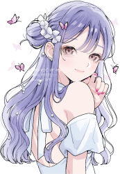  1girl backless_dress backless_outfit blush bug butterfly butterfly_hair_ornament closed_mouth dress earrings flower hair_bun hair_flower hair_ornament heart heart_earrings highres jewelry looking_at_viewer nail_polish nozawa_(nooo1709) original pink_nails purple_hair smile solo violet_eyes white_dress white_flower 