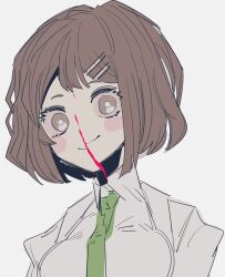  1girl blood brown_eyes brown_hair closed_mouth collared_shirt colored_blood green_necktie hair_ornament hairclip limbus_company long_sleeves looking_at_viewer madotsuki_ren necktie pink_blood project_moon shirt short_hair shrenne_(project_moon) simple_background smile solo split_head upper_body white_background white_shirt 
