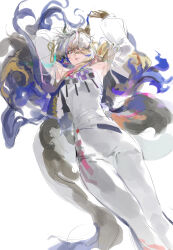  1girl absurdres arknights arms_up chinese_commentary colored_extremities commentary_request dragon_girl dragon_horns dragon_tail earrings eastern_dragon_horns eastern_dragon_tail feet_out_of_frame floating_hair grey_hair hair_between_eyes hair_floating_upwards highres horns jewelry long_hair long_sleeves looking_at_viewer multicolored_hair necklace pants parted_lips pointy_ears qingfeng_canying shu_(arknights) simple_background solo standing strapless tail tube_top white_background white_tube_top 