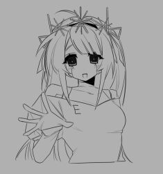  1girl air_zizon android antennae commentary_request eunoia_(frozen_soul) frozen_soul greyscale hairband long_hair looking_at_viewer monochrome open_mouth ringed_eyes roblox sidelocks skin_seams smile snowflakes solo 