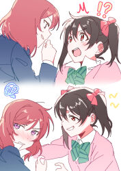  !? 2girls ^^^ black_hair blazer blue_jacket blush bow bowtie cardigan commentary_request diagonal-striped_bow diagonal-striped_bowtie diagonal-striped_clothes green_bow green_bowtie grin hair_bow highres inazuma_(elect_line) jacket looking_at_another love_live! love_live!_school_idol_project multiple_girls nishikino_maki nose_blush open_mouth pink_cardigan red_bow red_eyes red_hair role_reversal shout_lines simple_background smile squiggle striped_bow striped_bowtie striped_clothes teasing twintails v-shaped_eyebrows violet_eyes white_background yazawa_nico yuri 