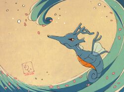 brown_background full_body kingdra moimoi19 nihonga no_humans petals pokemon pokemon_(creature) red_eyes signature solo water waves 