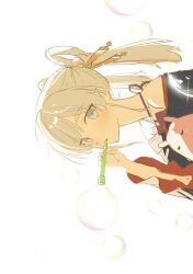 1girl absurdres backlighting bare_shoulders blowing_bubbles blue_eyes bubble cho_kaguya-hime! commentary_request from_side genkounikki01 hair_ornament hair_rings hair_stick highres holding holding_tube japanese_clothes kimono long_hair long_sleeves looking_at_viewer multicolored_hair off_shoulder parted_bangs pink_hair puffy_sleeves runami_yachiyo runami_yachiyo_(chibi) runami_yachiyo_(tsukuyomi) sidelocks sideways simple_background solo twintails umbrella_octopus upper_body white_background white_hair 