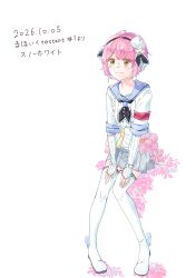 1girl absurdres armband black_hairband boots commentary_request flower full_body hair_flower hair_ornament hairband highres magical_girl mahou_shoujo_ikusei_keikaku mahou_shoujo_ikusei_keikaku_unmarked nejikiri pink_hair sailor_collar school_uniform short_hair skirt smile snow_white_(mahoiku) thigh-highs thigh_boots white_boots white_flower white_thighhighs yellow_eyes 