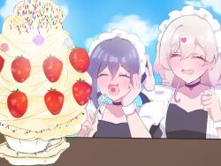  2girls apron asymmetrical_sidelocks black_choker black_hair black_shirt blonde_hair blue_sky blush candy choker closed_eyes collarbone commentary double-parted_bangs food fruit hair_ornament hand_on_own_face haraga_kurumi heart heart_hair_ornament heart_in_mouth highres holding holding_spoon ice_cream kedarui_aashii kimi_no_koto_ga_dai_dai_dai_dai_daisuki_na_100-nin_no_kanojo lollipop long_hair maid maid_apron maid_headdress moekochan628 multiple_girls open_mouth shirt short_hair sidelocks sky smile spoon sprinkles strawberry untranslatable_commentary upper_body white_wrist_cuffs wrist_cuffs 