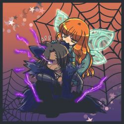  1boy 1girl 793_(oo793oo) angry biting biting_ear bodysuit closed_mouth coat commentary_request dark-skinned_male dark_skin e.g.o_(project_moon) electricity fairy_wings green_bodysuit heathcliff_(project_moon) ishmael_(project_moon) lantern_(e.g.o) limbus_company long_hair orange_eyes orange_hair project_moon purple_coat scar scar_on_face sharp_teeth silk spider_web teeth telepole_(e.g.o) very_long_hair violet_eyes wings 