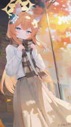  1girl absurdres alternate_costume animal_ear_fluff animal_ears artist_name autumn autumn_leaves blue_archive blue_eyes brown_scarf brown_skirt building casual cat_ears cat_girl chinese_commentary closed_mouth commentary_request feet_out_of_frame flower hair_flower hair_ornament halo highres leaf light_blush long_hair long_skirt long_sleeves looking_at_viewer mari_(blue_archive) orange_hair outdoors plaid_clothes plaid_scarf scarf shirt skirt smile solo very_long_hair white_flower white_shirt yellow_halo zhuan_yan_ruyan 