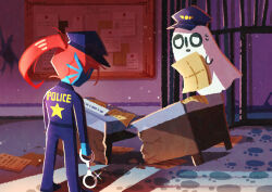  1girl 1other absurdres androgynous blue_hat blue_pants blue_skin bulletin_board chief_undyne colored_skin commentary_request cuffs deltarune desk handcuffs hat highres holding holding_handcuffs holding_paper indoors long_hair long_sleeves looking_at_another napstablook officer_napstablook pants paper paw_print police police_hat police_station police_uniform policewoman ponytail red_hair sweat undyne utdr_(toby_fox) watawata22 