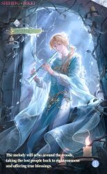  1boy adapted_costume against_window alan_(shining_nikki) aqua_tabard artist_request blonde_hair brooch candle candlestand character_name circle circlet copyright_logo day designer's_reflection_(shining_nikki) elf english_text fire flower_brooch flute full_body gold_circlet gold_ring hair_over_shoulder highres indoors instrument jewelry layered_sleeves leaf light_particles lightning logo long_hair long_sleeves low_ponytail male_focus monocle nikki_(series) official_art plant playing_flute playing_instrument pointy_ears ponytail puffy_long_sleeves puffy_sleeves robe round_eyewear second-party_source see-through_clothes see-through_sleeves shining_nikki solo sound_of_renewal_(shining_nikki) standing storm tabard thorns vines white_robe wide_sleeves yellow-framed_eyewear 