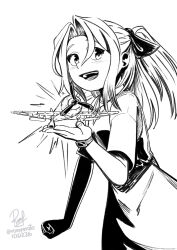  1girl aircraft airplane alternate_costume commentary curtained_hair english_commentary hair_ribbon high_contrast highres inktober kantai_collection looking_at_viewer monochrome one-hour_drawing_challenge ponytail ribbon ron_(pixiv83091338) shirt smile solo type_99_155mm_self-propelled_howitzer watch watch zuihou_(jal)_(kancolle) zuihou_(kancolle) 