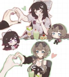  ._. 2girls arm_warmers arms_up black_arm_warmers black_bow black_choker black_hair black_nails black_ribbon black_shirt black_sleeves blowing_kiss blue_eyes blunt_bangs bow brown_hair cake cake_slice cherry chest_bow chibi chibi_inset choker closed_eyes columbina_(genshin_impact) dress earrings elbow_on_table eyelashes food frilled_dress frills fruit genshin_impact hair_bow hair_ornament hair_scrunchie hairclip hand_on_own_chest heart heart_hands heart_hands_duo heart_necklace highres jewelry large_bow leaning_on_table light_blush long_hair long_sidelocks matching_ring milkshake multicolored_hair multiple_girls multiple_hair_ribbons multiple_hairclips nail_polish necklace parfait pearl_earrings pearl_necklace pink_hair pink_nails polka_dot polka_dot_shirt puffy_sleeves ribbon sandrone_(genshin_impact) scrunchie see-through_clothes see-through_sleeves shirt short_hair sidelocks silver_necklace sparkle strawberry_shortcake table very_long_hair white_background white_bow white_dress white_scrunchie white_shirt white_sleeves wompompd yuri 