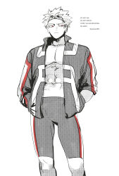  1boy abs bakugou_katsuki boku_no_hero_academia from_below hands_in_pockets highres jacket legskin looking_to_the_side male_focus male_swimwear navel open_clothes open_jacket pasinee1855 pectorals red_eyes short_hair simple_background solo spiky_hair standing twitter_username white_background 