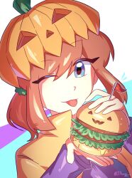  1girl :p ;p a_hat_in_time alternate_headwear blue_eyes brown_hair burger cape closed_mouth commentary eyes_visible_through_hair flag food hair_between_eyes hair_tie hands_up hat hat_kid highres holding holding_food jack-o'-lantern_hat jacket jibung long_sleeves looking_at_viewer medium_hair one_eye_closed orange_hat ponytail portrait pumpkin_hat purple_jacket red_flag sidelocks solo tongue tongue_out twitter_username untranslatable_commentary yellow_cape 