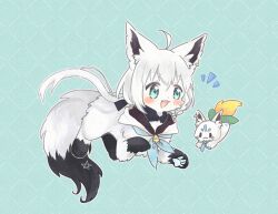  :d ahoge animal animal_focus animal_with_hair animalization aqua_background aqua_eyes blue_neckerchief blush commentary_request fox full_body hololive nako_(user_wnnm5534) neckerchief no_humans pawpads shirakami_fubuki smile sukonbu_(shirakami_fubuki) white_hair 