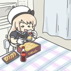  1girl :3 black_jacket black_neckerchief blonde_hair blue_sailor_collar bottle cake cola commentary_request cup curtains dress drinking_glass eating ferret-san food hat highres jacket jervis_(kancolle) kantai_collection kurikinton_(food) long_hair microwave neckerchief sailor_collar sailor_hat short_sleeves smile soda_bottle solo spoon swiss_roll upper_body white_dress white_hat 