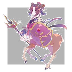  1girl artist_name brown_eyes brown_hair clantail commentary dress frilled_dress frills hair_ornament highres holding holding_polearm holding_shield holding_weapon horns japanese_clothes lolita_fashion magical_girl mahou_shoujo_ikusei_keikaku mahou_shoujo_ikusei_keikaku_restart monster_girl polearm shield short_hair spear taur wa_lolita weapon yomo_gigyoza 
