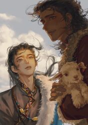  2boys absurdres all_wishes_come_true! alternate_costume animal baby_animal bead_necklace beads black_hair black_hanfu blue_cape blue_eyes blue_sky brown_eyes brown_hair cape chinese_clothes chinese_commentary closed_mouth clouds cloudy_sky day earrings eyelashes facial_hair floating_hair fur-trimmed_cape fur_trim half_updo hanfu highres holding holding_animal holding_sheep hujhj jewelry long_hair long_sleeves looking_at_another looking_up lu_dongbin_(all_wishes_come_true!) male_focus multiple_boys mustache_stubble necklace outdoors parted_lips ponytail red_cape sheep sky smile stubble teeth upper_body wind zhongli_quan_(all_wishes_come_true!) 