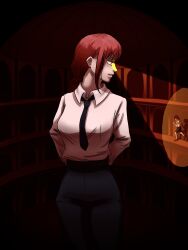 2girls @_@ absurdres arms_behind_back black_necktie black_pants breasts chainsaw_man collared_shirt commentary english_commentary formal_clothes highres light_smile long_hair looking_to_the_side makima_(chainsaw_man) medium_breasts multiple_girls necktie pants red_hair reze_(chainsaw_man) ringed_eyes shirt shirt_tucked_in spotlight thevolunteer64 white_shirt yellow_eyes 