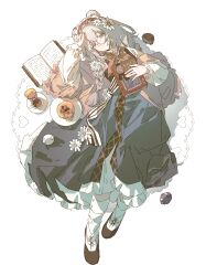 1girl absurdres animal_ears arknights bear_ears blue_eyes blue_hair book braid chinese_commentary commentary_request cup dafeiwurenkundexiangsi flower food full_body hair_flower hair_ornament hairband highres holding holding_book istina_(arknights) istina_(bibliosmia)_(arknights) long_hair long_sleeves looking_at_viewer lying monocle official_alternate_costume on_back open_book pancake red_hairband shoes socks solo tea teacup twin_braids white_background white_flower white_socks 