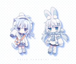  1girl :< animal_ear_fluff animal_ears beret black_skirt blue_eyes blue_sailor_collar blue_shoes blue_skirt blush cat_ears cat_girl cat_tail chibi closed_mouth commentary double_bun english_commentary grey_hair hair_bun hair_ornament hair_rings hairclip hat jitome long_hair long_sleeves loose_socks low_twintails nakkar original pleated_skirt puffy_long_sleeves puffy_sleeves rabbit_ears ribbed_socks sailor_collar shirt shoes skirt sleeves_past_fingers sleeves_past_wrists socks solo tail twintails very_long_hair white_background white_hat white_shirt white_socks x_hair_ornament 
