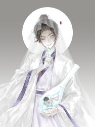  2boys absurdres aged_down all_wishes_come_true! black_hair bottle chinese_clothes chinese_commentary closed_mouth coat eyelashes finger_to_mouth full_moon giant grey_background guanyin hair_bun hair_ornament hand_up hanfu highres holding holding_bottle hujhj hydrokinesis index_finger_raised long_sleeves looking_at_viewer lu_dongbin_(all_wishes_come_true!) lu_dongbin_(young)_(all_wishes_come_true!) magic male_focus mini_person miniboy moon multiple_boys one_eye_closed open_clothes open_coat purple_hanfu purple_sash robe sash seal_impression see-through_clothes see-through_veil shorts single_hair_bun smile solo_focus topless_male transparent updo upper_body veil water white_coat white_shorts wide_sleeves yellow_eyes zhongli_quan_(all_wishes_come_true!) zhongli_quan_(young)_(all_wishes_come_true!) 